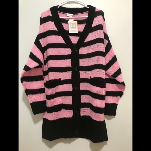 Lularoe Stripe Lucille Cardigan Button Pink/Black - Picture 12 of 13